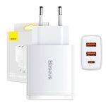 Baseus Compact Quick Charger, 2xUSB, USB-C, PD, 3A, 30W (White)