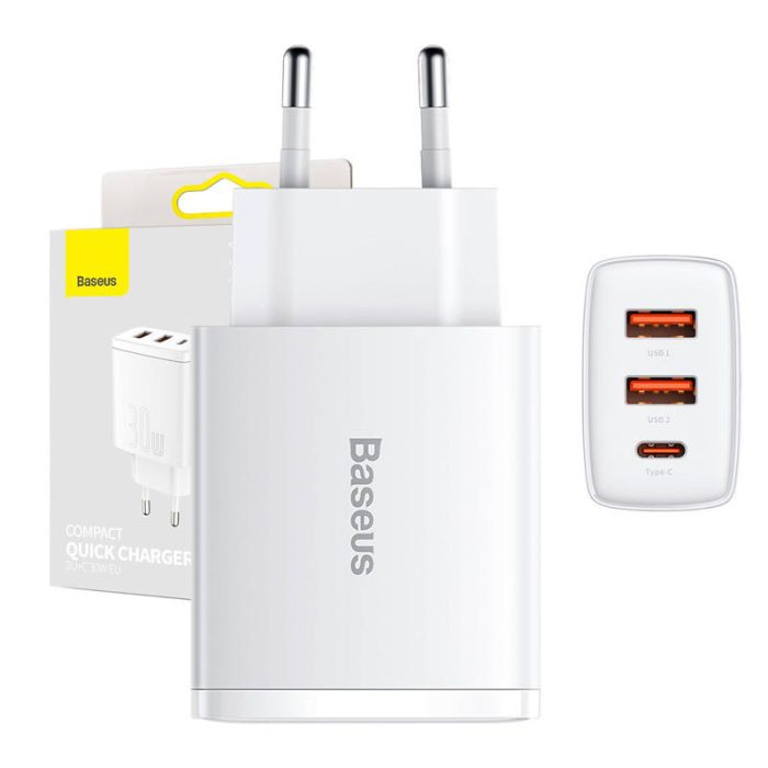 Baseus Compact Quick Charger, 2xUSB, USB-C, PD, 3A, 30W (White)