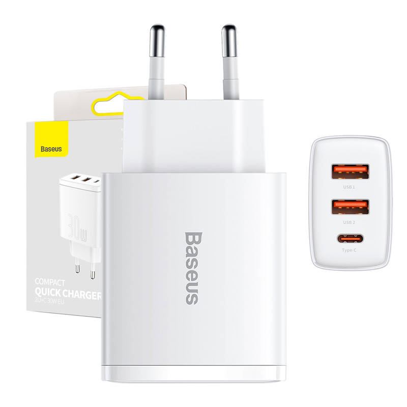 Baseus Compact Quick Charger, 2xUSB, USB-C, PD, 3A, 30W (White)