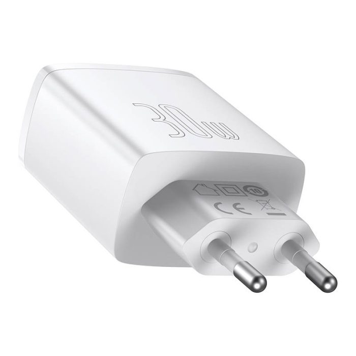 Baseus Compact Quick Charger, 2xUSB, USB-C, PD, 3A, 30W (White) - Image 4