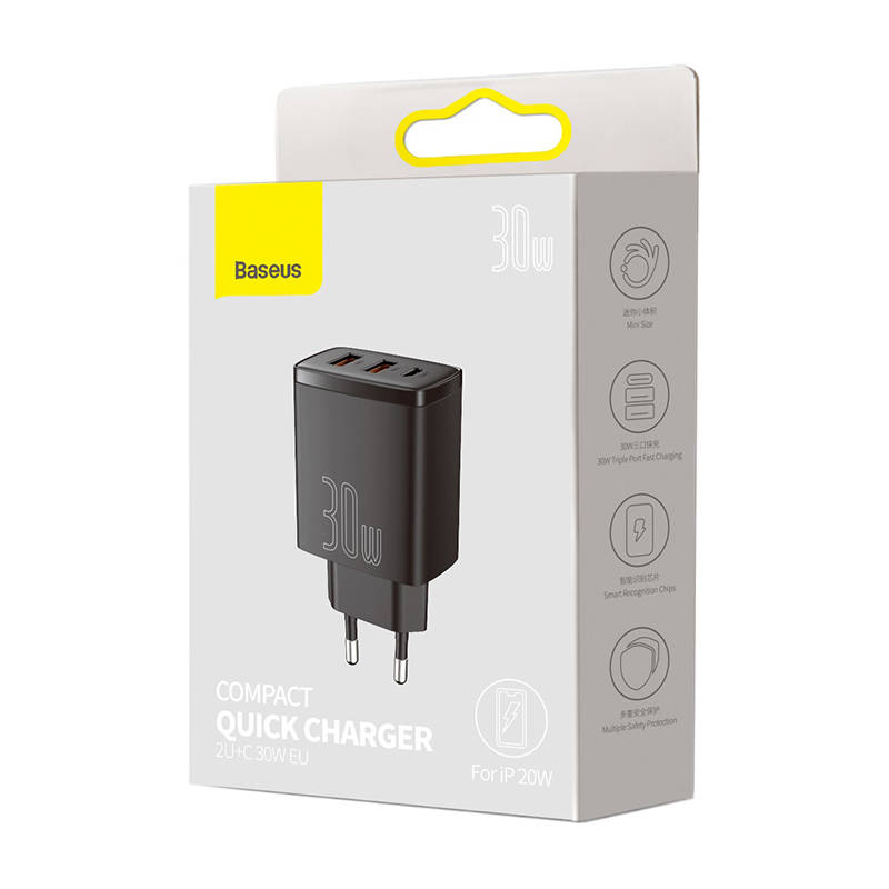 Baseus Compact Quick Charger 2xUSB USB-C PD 3A 30W (Μαύρο) - Image 4