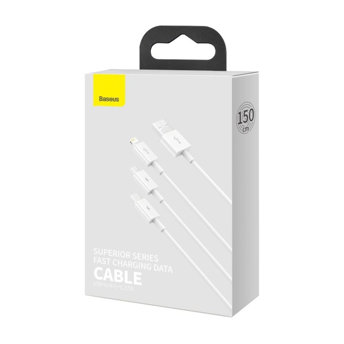 Baseus Καλώδιο USB 3σε1 Superior Series, USB σε MicroUSB / USB-C / Lightning, 3.5A, 1.2m (Λευκό) - Image 5