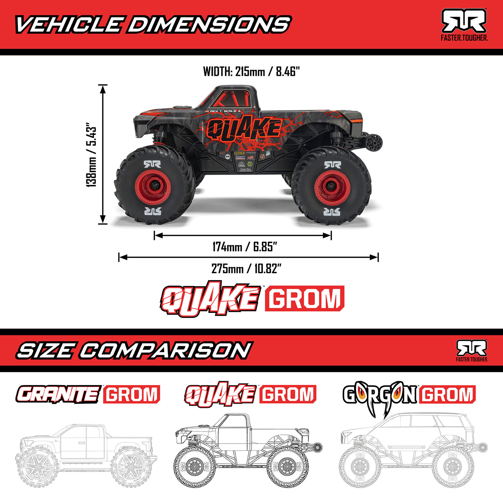 ARRMA 1/16 QUAKE GROM 4X4 RTR Brushed Monster Truck (Battery & Charger Included), Red - Image 9