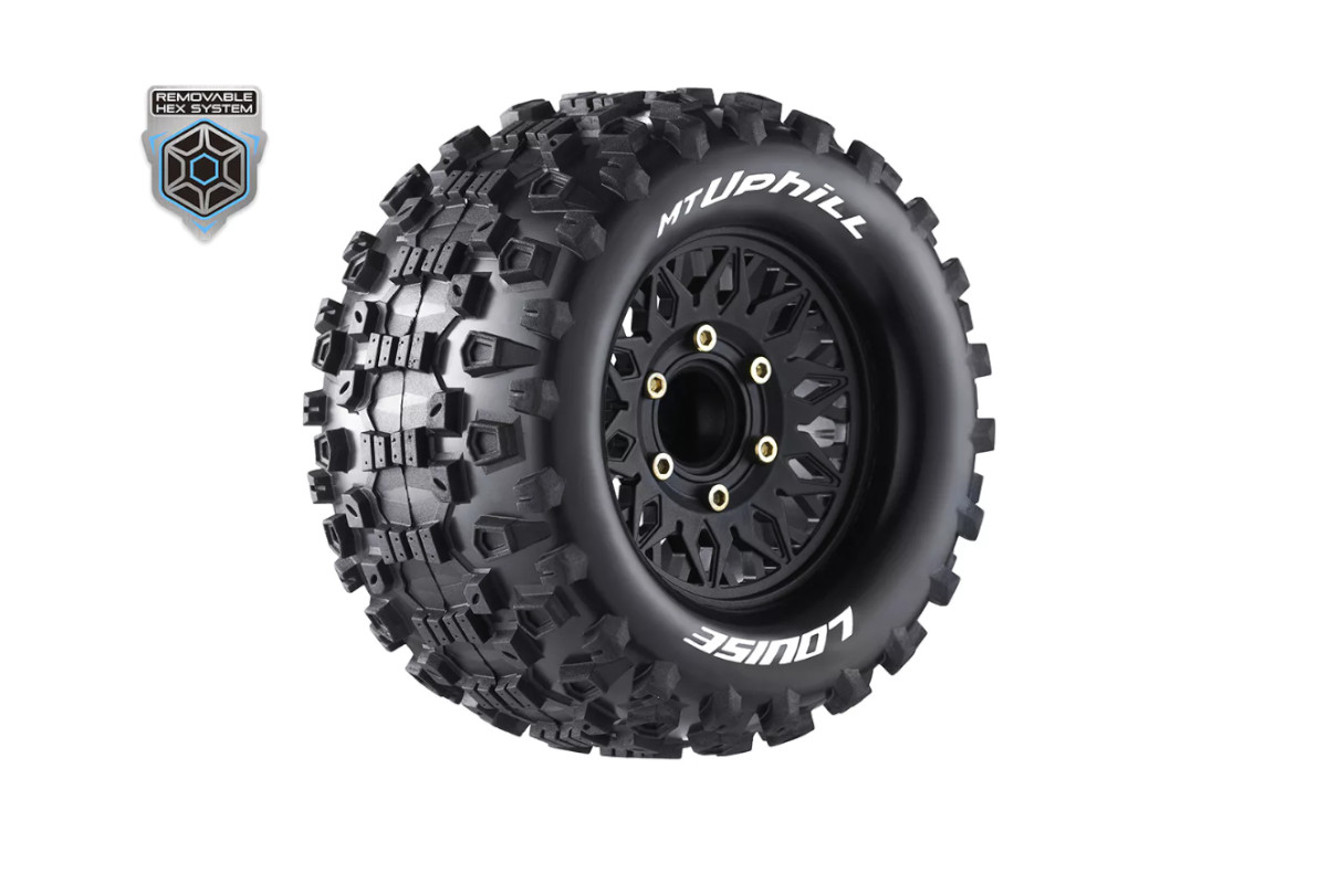 Louise RC MT-UPHILL 1-10 Monster Truck Tire Set Mounted Sport Black Wheels Removable HEX 12 Narrow, 12 Wide, 14, 17mm - L-T3204SX