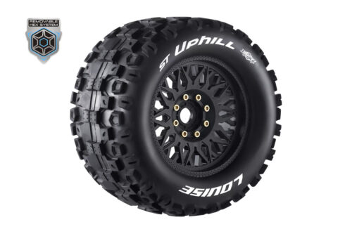 Louise RC MFT ST-UPHILL 1-8 Stadium Truck Tire Set - Mounted - Sport - Black Wheels - Removable 0" & 1/2" OFFSET HEX 17mm - L-T3226X
