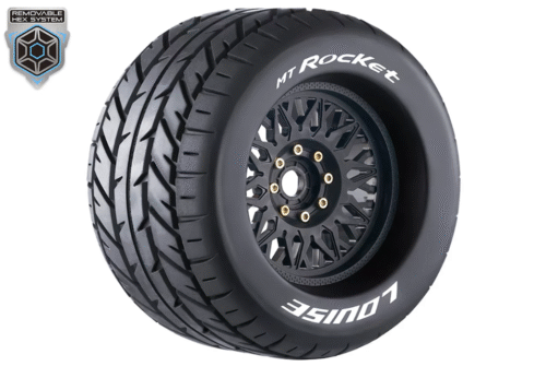 Louise RC MT-ROCKET 1-8 Monster Truck Tire Set Mounted Sport Black Wheels - Removable 0" & 1/2" OFFSET HEX 17mm - L-T3217X