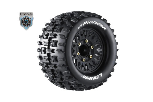 Louise RC MT-PIONEER 1-10 Monster Truck Tire Set - Mounted - Sport - Black Wheels - Removable HEX 12 Narrow, 12 Wide, 14, 17mm - L-T3202SX
