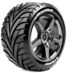 Louise RC T-ROCKET 1-8 Truggy Tire Set - Mounted - Soft - Black-Chrome Spoke Wheels - 0-Offset - Hex 17mm - L-T3250SBC