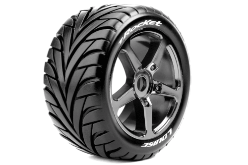 Louise RC T-ROCKET 1-8 Truggy Tire Set - Mounted - Soft - Black-Chrome Spoke Wheels - 0-Offset - Hex 17mm - L-T3250SBC
