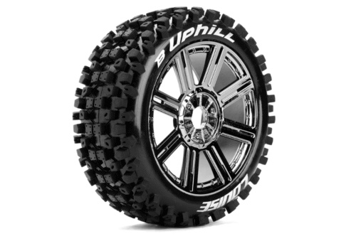 Louise RC B-UPHILL 1-8 Buggy Tire Set - Mounted - Soft - Black-Chrome Spoke Wheels - Hex 17mm - L-T3271SBC